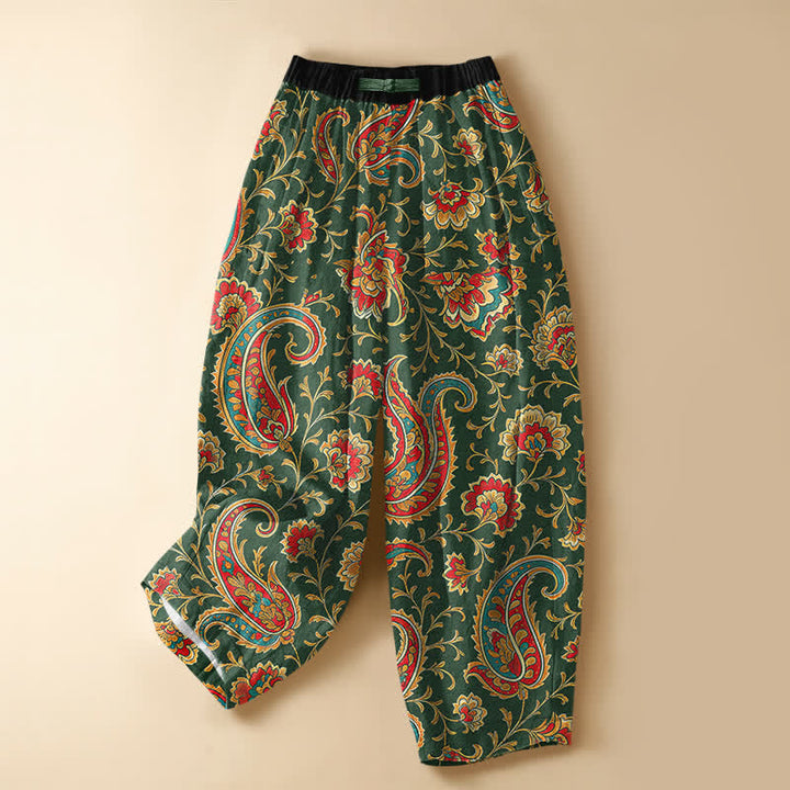 Buddha Stones Pure Cotton Retro Floral Scroll Pattern Frog Button Women's Elastic Waist Harem Pants With Pockets - ForestGreen - US16，UK/AU20，EU48 (3XL) - image 5