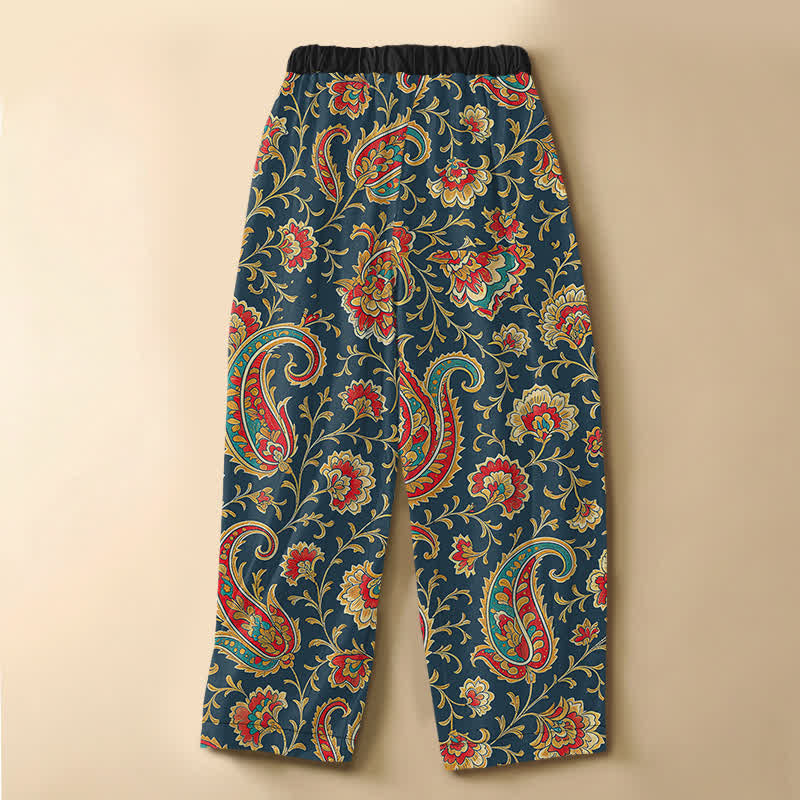 Buddha Stones Pure Cotton Retro Floral Scroll Pattern Frog Button Women's Elastic Waist Harem Pants With Pockets - image 8