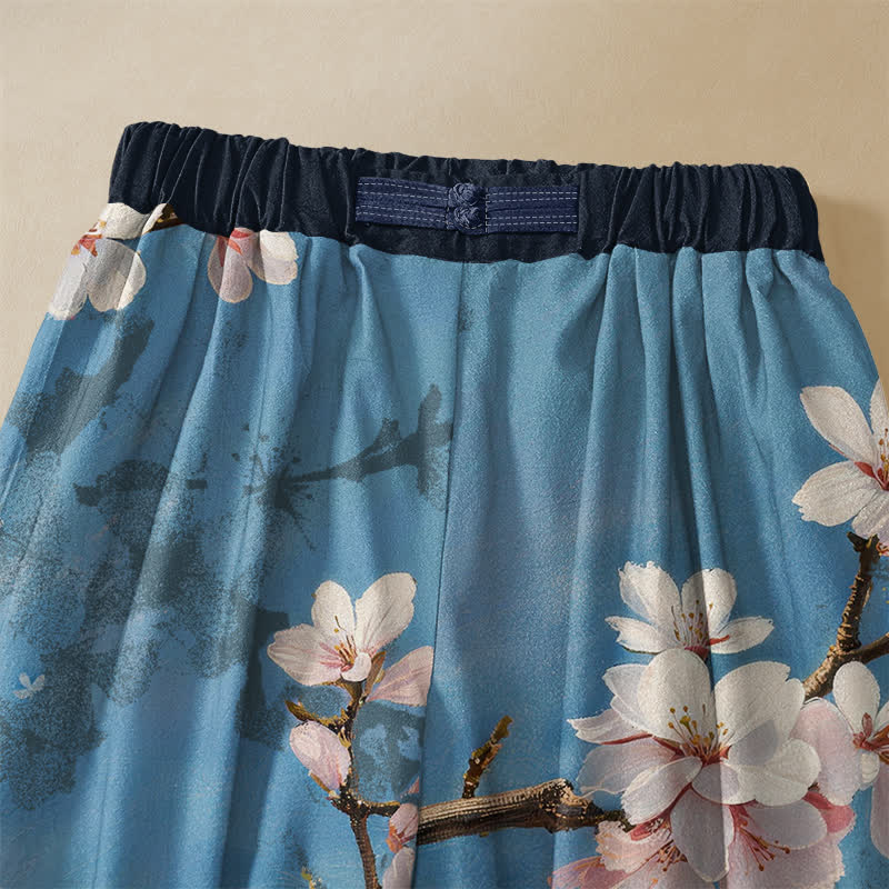 Buddha Stones Pure Cotton Vintage Sakura Branch Pattern Frog Button Women's Elastic Waist Harem Pants With Pockets - image 2