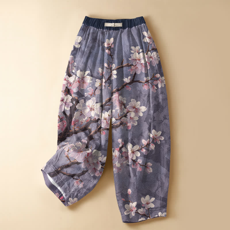 Buddha Stones Pure Cotton Vintage Sakura Branch Pattern Frog Button Women's Elastic Waist Harem Pants With Pockets - MediumPurple - US16，UK/AU20，EU48 (3XL) - image 5