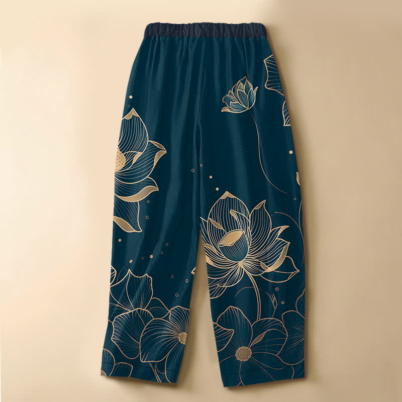 Buddha Stones Pure Cotton Lotus Bloom Pattern Frog Button Women's Elastic Waist Harem Pants With Pockets - image 1