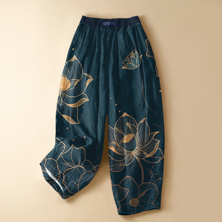 Buddha Stones Pure Cotton Lotus Bloom Pattern Frog Button Women's Elastic Waist Harem Pants With Pockets - DarkSlateGray - US16，UK/AU20，EU48 (3XL) - image 0