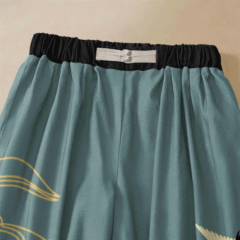 Buddha Stones Pure Cotton Elegant Crane Cloud Pattern Frog Button Women's Elastic Waist Harem Pants With Pockets - image 2