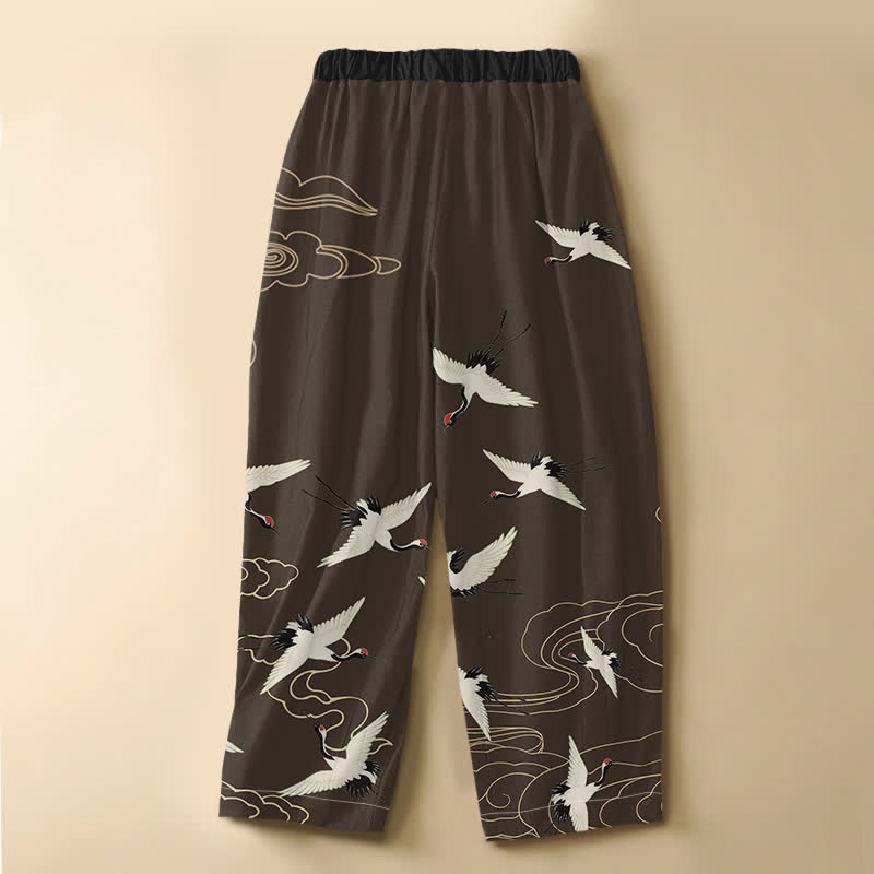 Buddha Stones Pure Cotton Elegant Crane Cloud Pattern Frog Button Women's Elastic Waist Harem Pants With Pockets - image 6