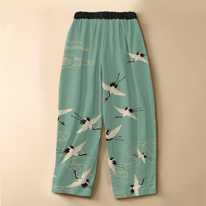 Buddha Stones Pure Cotton Elegant Crane Cloud Pattern Frog Button Women's Elastic Waist Harem Pants With Pockets - image 8