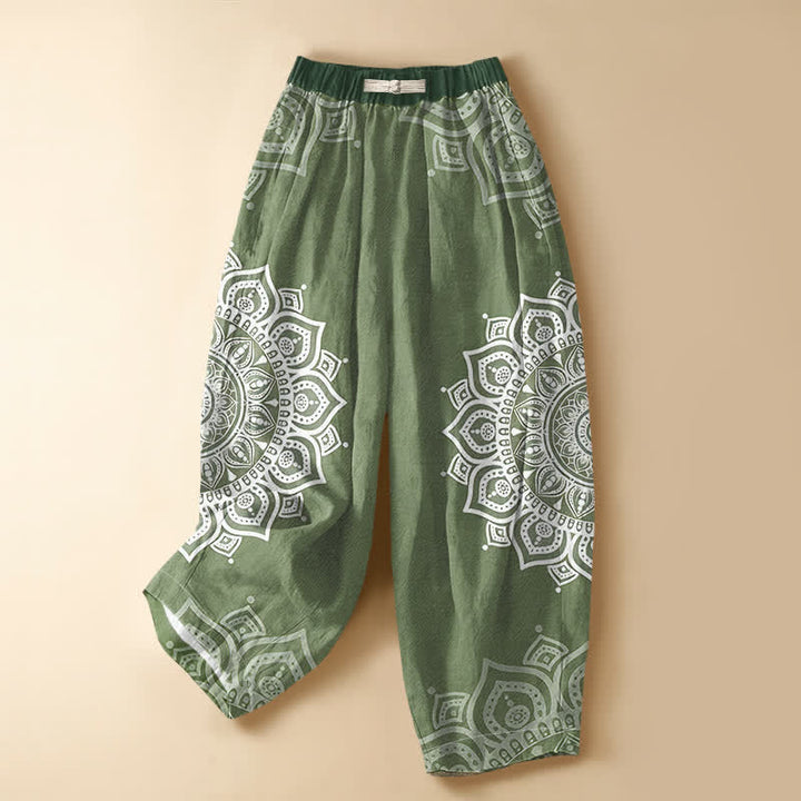 Buddha Stones Pure Cotton Bohemian White Mandala Pattern Frog Button Women's Elastic Waist Harem Pants With Pockets - OliveDrab - US16，UK/AU20，EU48 (3XL) - image 0