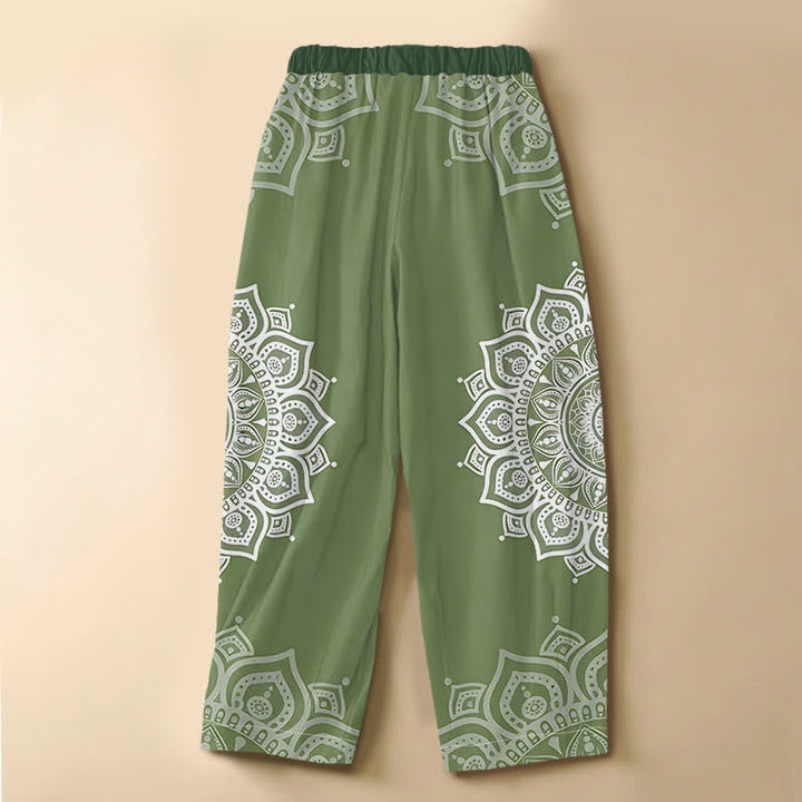 Buddha Stones Pure Cotton Bohemian White Mandala Pattern Frog Button Women's Elastic Waist Harem Pants With Pockets - image 1