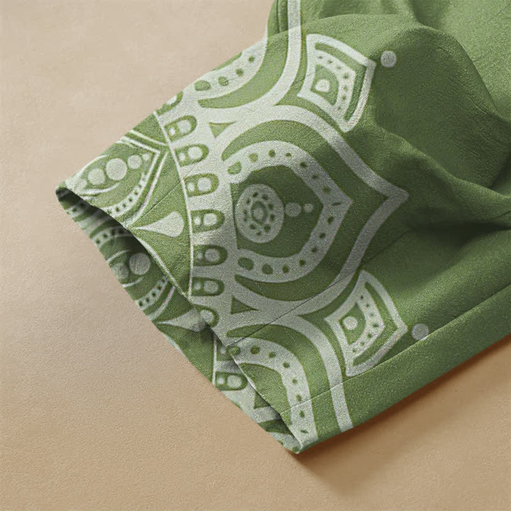Buddha Stones Pure Cotton Bohemian White Mandala Pattern Frog Button Women's Elastic Waist Harem Pants With Pockets - image 3