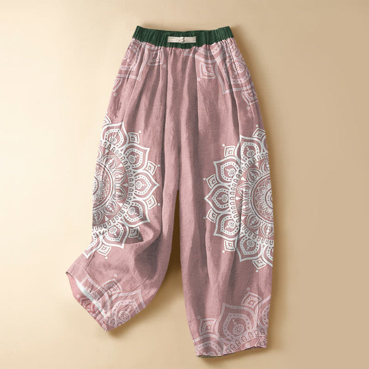 Buddha Stones Pure Cotton Bohemian White Mandala Pattern Frog Button Women's Elastic Waist Harem Pants With Pockets - LightPink - US16，UK/AU20，EU48 (3XL) - image 5