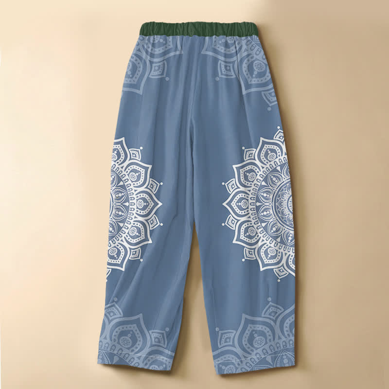 Buddha Stones Pure Cotton Bohemian White Mandala Pattern Frog Button Women's Elastic Waist Harem Pants With Pockets - image 8