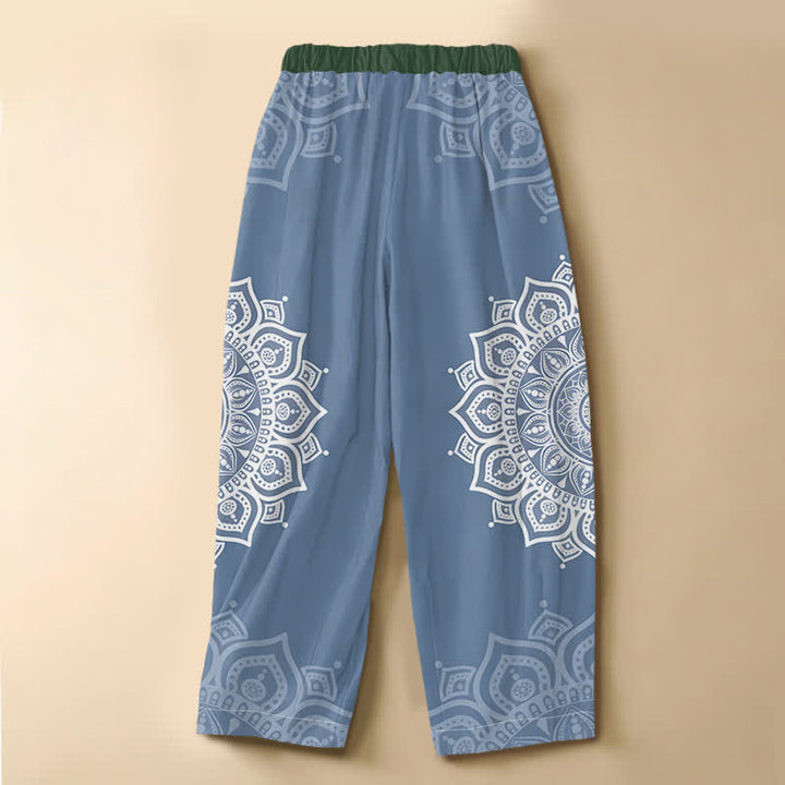 Buddha Stones Pure Cotton Bohemian White Mandala Pattern Frog Button Women's Elastic Waist Harem Pants With Pockets - image 8