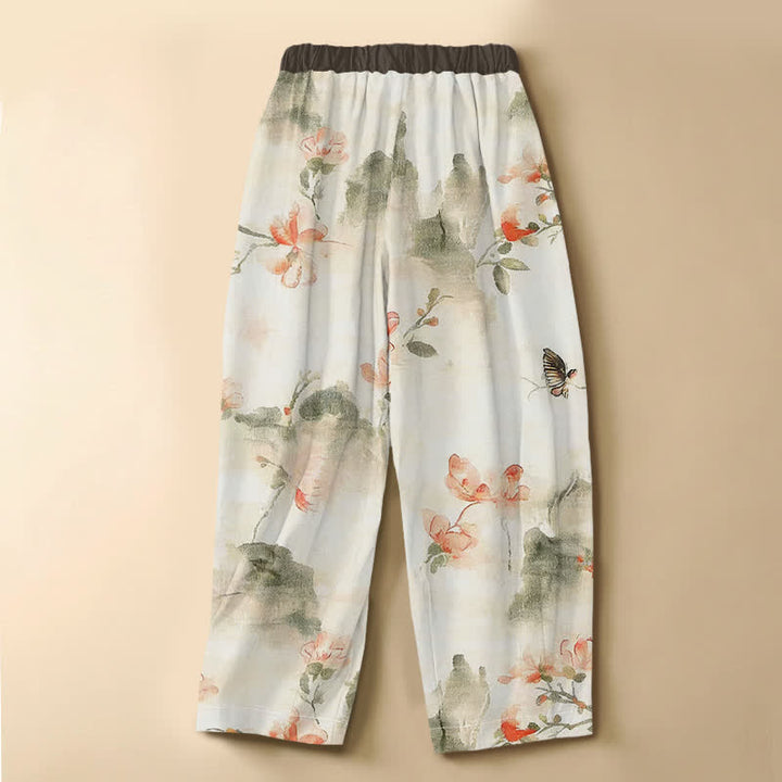 Buddha Stones Pure Cotton Watercolor Floral Butterfly Pattern Frog Button Women's Elastic Waist Harem Pants With Pockets - image 1
