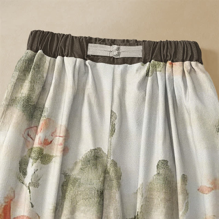 Buddha Stones Pure Cotton Watercolor Floral Butterfly Pattern Frog Button Women's Elastic Waist Harem Pants With Pockets - image 2