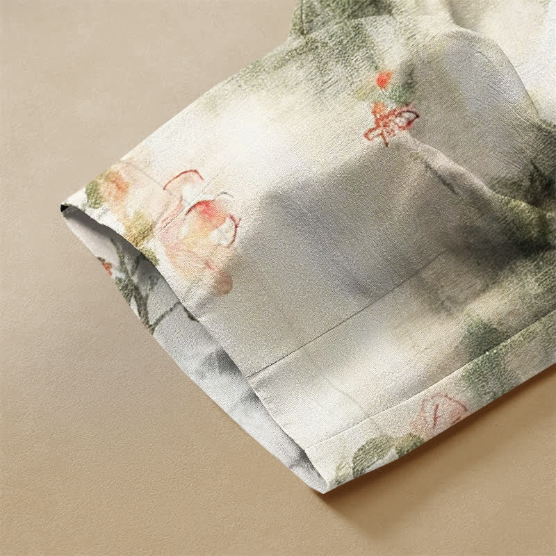 Buddha Stones Pure Cotton Watercolor Floral Butterfly Pattern Frog Button Women's Elastic Waist Harem Pants With Pockets - image 3