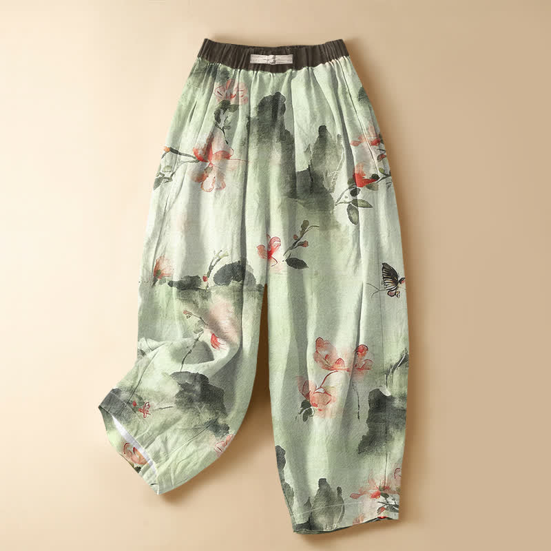 Buddha Stones Pure Cotton Watercolor Floral Butterfly Pattern Frog Button Women's Elastic Waist Harem Pants With Pockets - PaleGreen - US16，UK/AU20，EU48 (3XL) - image 5