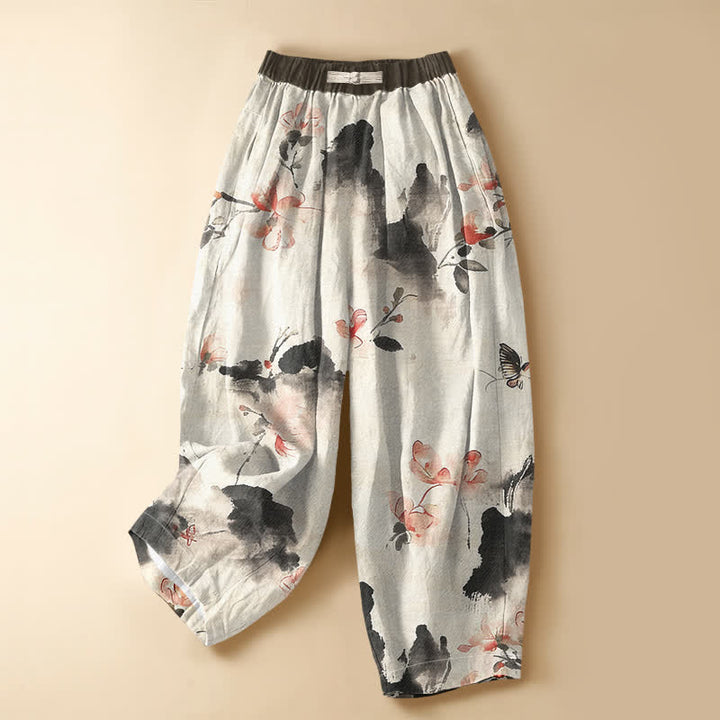 Buddha Stones Pure Cotton Watercolor Floral Butterfly Pattern Frog Button Women's Elastic Waist Harem Pants With Pockets - Linen - US16，UK/AU20，EU48 (3XL) - image 7