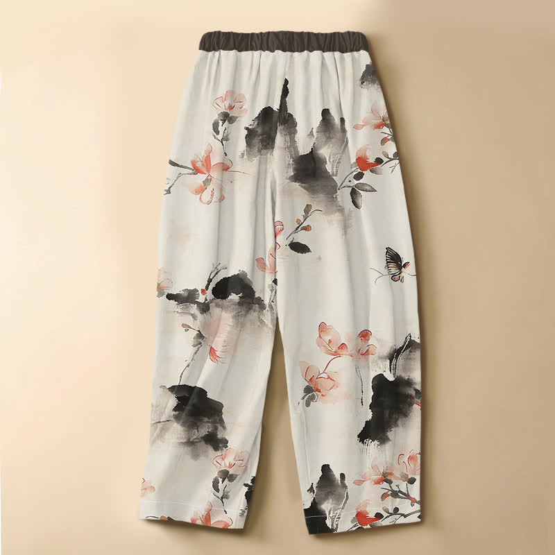 Buddha Stones Pure Cotton Watercolor Floral Butterfly Pattern Frog Button Women's Elastic Waist Harem Pants With Pockets - image 8