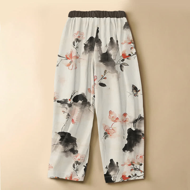Buddha Stones Pure Cotton Watercolor Floral Butterfly Pattern Frog Button Women's Elastic Waist Harem Pants With Pockets - image 8