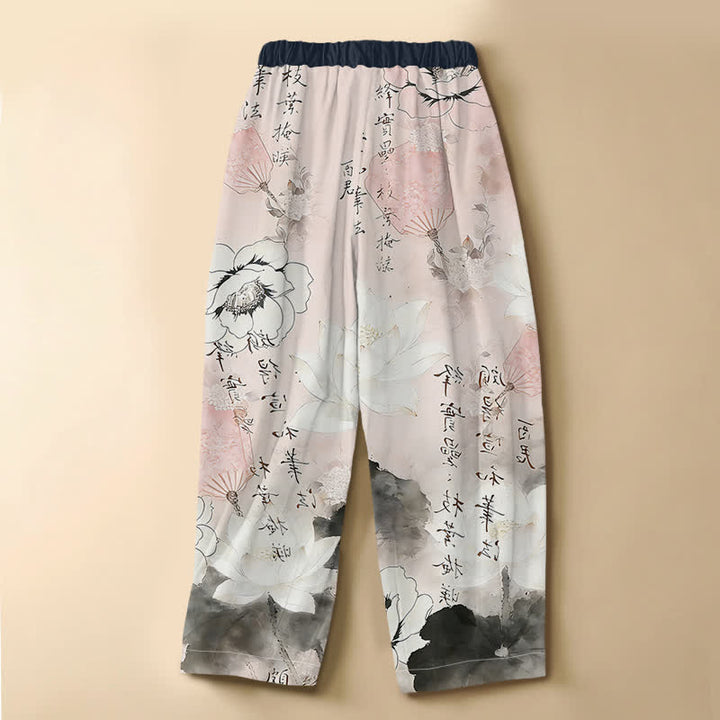 Buddha Stones Pure Cotton Oriental Floral Ink Wash Pattern Frog Button Women's Elastic Waist Harem Pants With Pockets - image 6