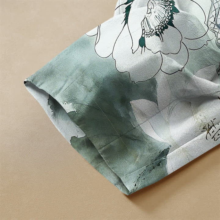 Buddha Stones Pure Cotton Oriental Floral Ink Wash Pattern Frog Button Women's Elastic Waist Harem Pants With Pockets - image 3