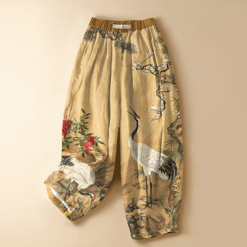 Buddha Stones Pure Cotton Oriental Crane Blossom Pattern Frog Button Women's Elastic Waist Harem Pants With Pockets - Tan - US16，UK/AU20，EU48 (3XL) - image 0