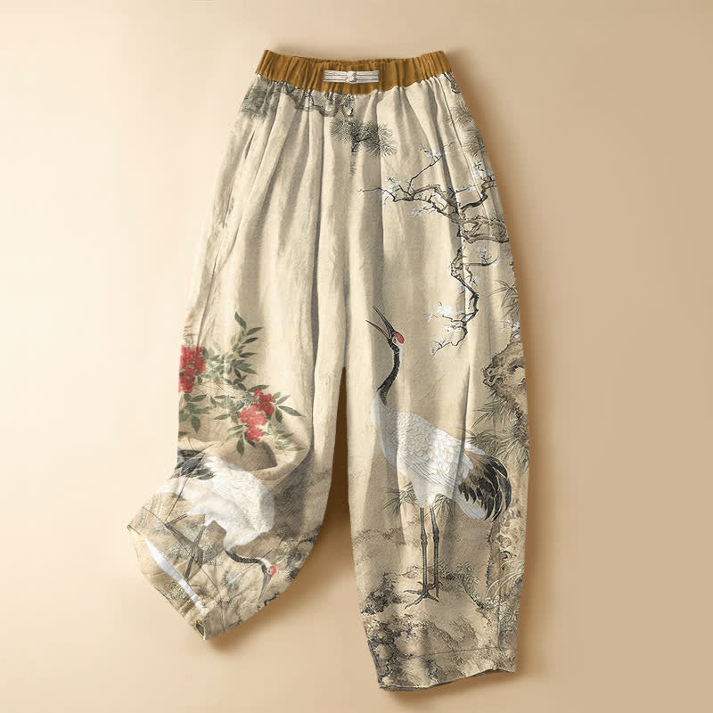 Buddha Stones Pure Cotton Oriental Crane Blossom Pattern Frog Button Women's Elastic Waist Harem Pants With Pockets - Linen - US16，UK/AU20，EU48 (3XL) - image 5