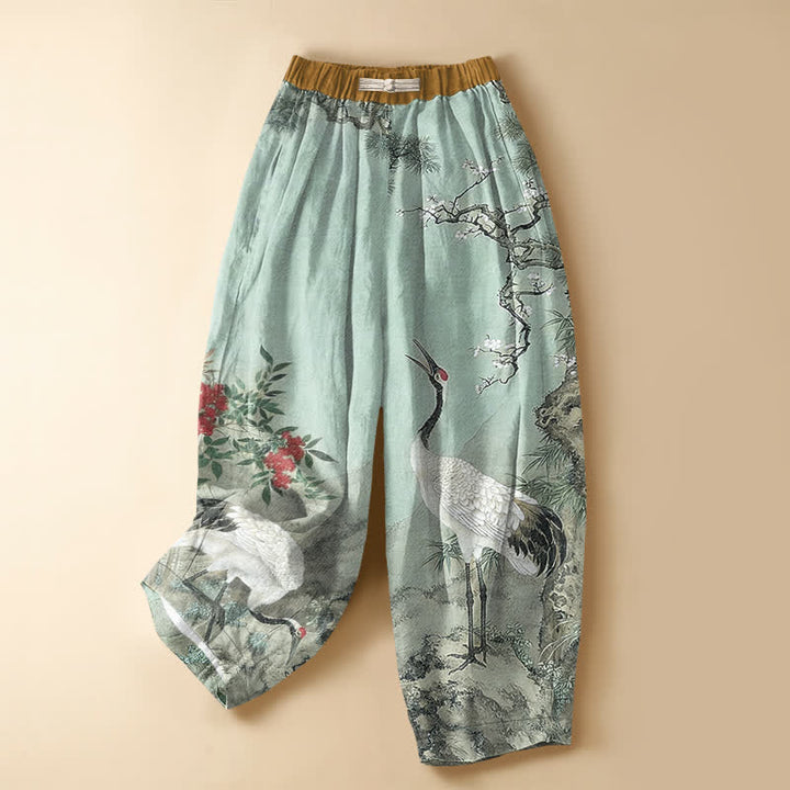 Buddha Stones Pure Cotton Oriental Crane Blossom Pattern Frog Button Women's Elastic Waist Harem Pants With Pockets - PaleTurquoise - US16，UK/AU20，EU48 (3XL) - image 7