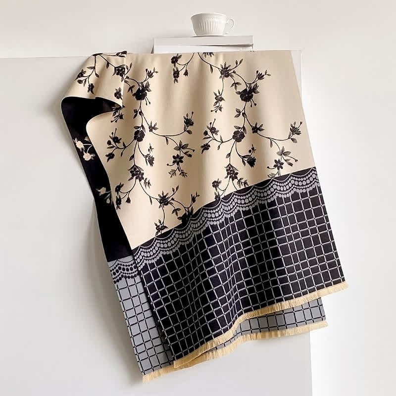 Buddha Stones Spring Fall Vintage Floral Vine Checked Pattern Shawl - AntiqueWhite - 180*65cm - image 6
