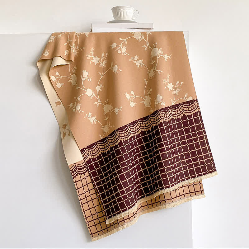 Buddha Stones Spring Fall Vintage Floral Vine Checked Pattern Shawl - Tan - 180*65cm - image 4