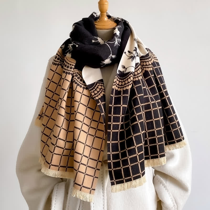 Buddha Stones Spring Fall Vintage Floral Vine Checked Pattern Shawl - image 9