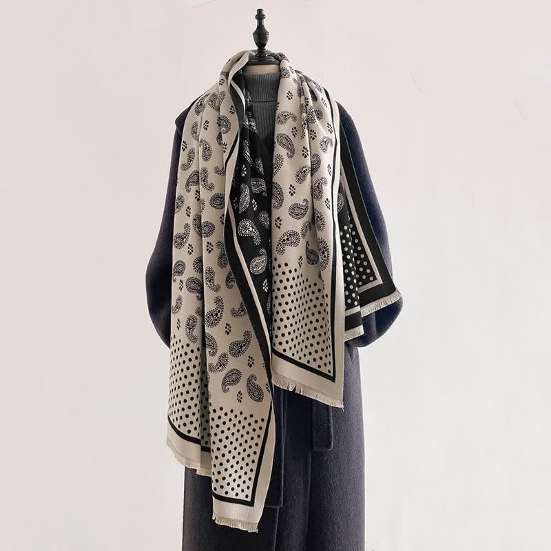 Buddha Stones Spring Fall Vintage Paisley Polka Dot Pattern Shawl - Black - 185*65CM - image 0