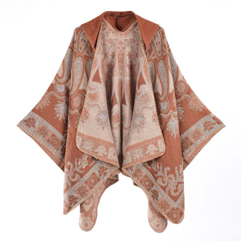Buddha Stones Fall Winter Hooded Paisley Geometric Boho Poncho Style Shawl - SandyBrown - 130*150CM - image 6