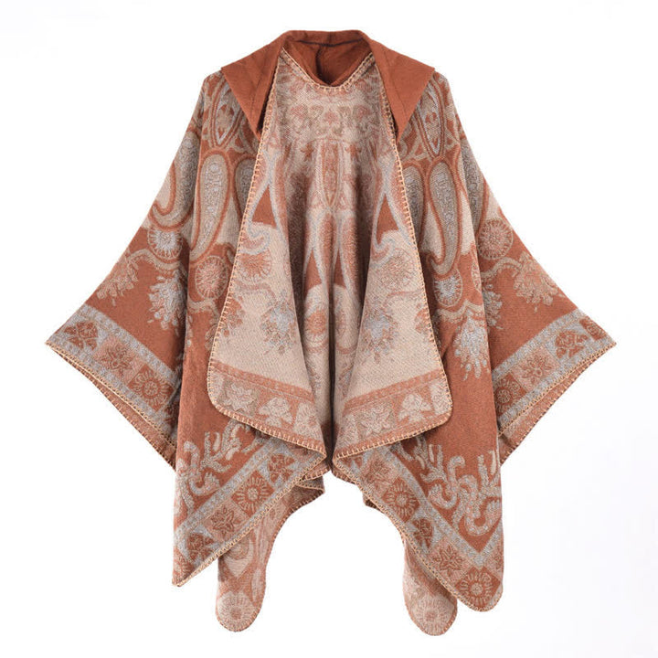 Buddha Stones Fall Winter Hooded Paisley Geometric Boho Poncho Style Shawl - SandyBrown - 130*150CM - image 6