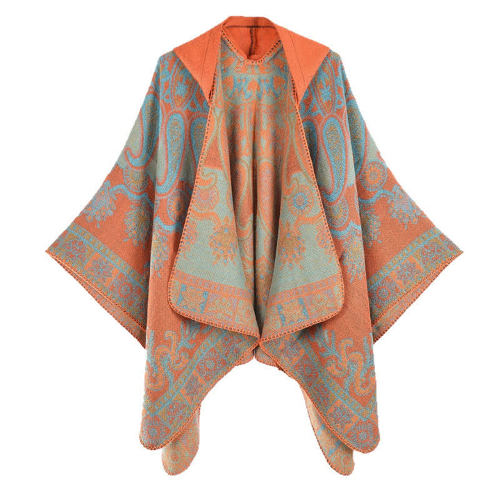 Buddha Stones Fall Winter Hooded Paisley Geometric Boho Poncho Style Shawl - Orange - 130*150CM - image 5