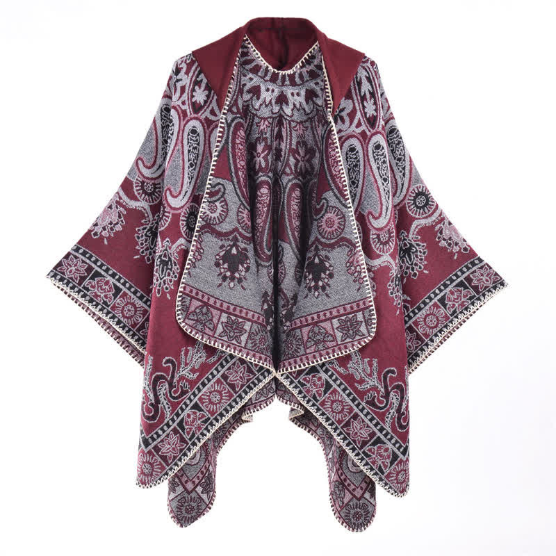 Buddha Stones Fall Winter Hooded Paisley Geometric Boho Poncho Style Shawl - Burgundy - 130*150CM - image 4