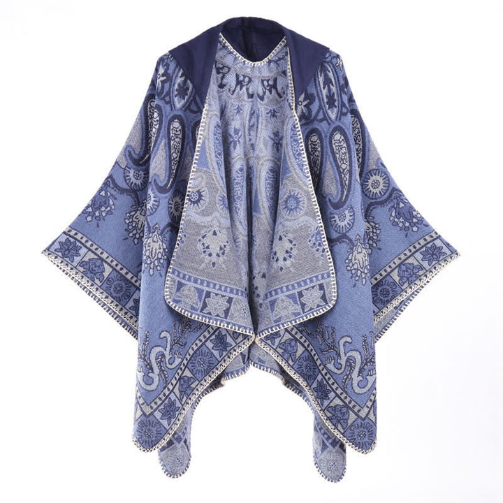 Buddha Stones Fall Winter Hooded Paisley Geometric Boho Poncho Style Shawl - CornflowerBlue - 130*150CM - image 0