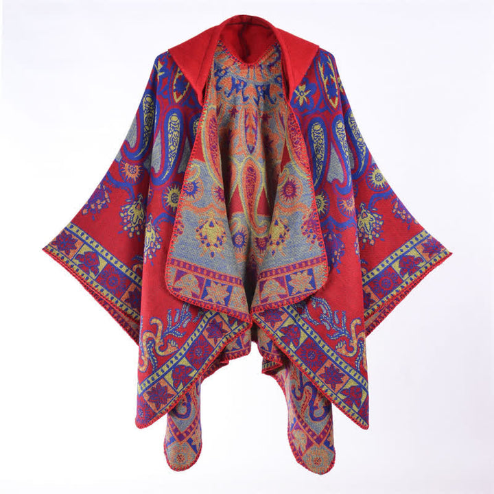 Buddha Stones Fall Winter Hooded Paisley Geometric Boho Poncho Style Shawl - Crimson - 130*150CM - image 2