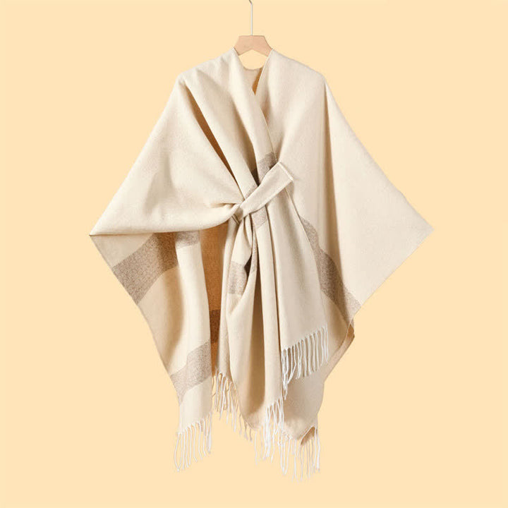 Buddha Stones Fall Winter Boho Striped Tassel Buckle Design Cozy Shawl - Beige - 130x150cm - image 7