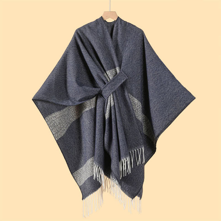 Buddha Stones Fall Winter Boho Striped Tassel Buckle Design Cozy Shawl - DimGray - 130x150cm - image 2