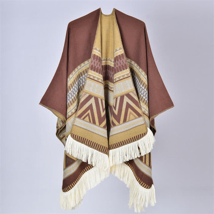 Buddha Stones Fall Winter Boho Geometric Floral Pattern Tassel Shawl - Geometric Coffee - 155*136cm - image 9