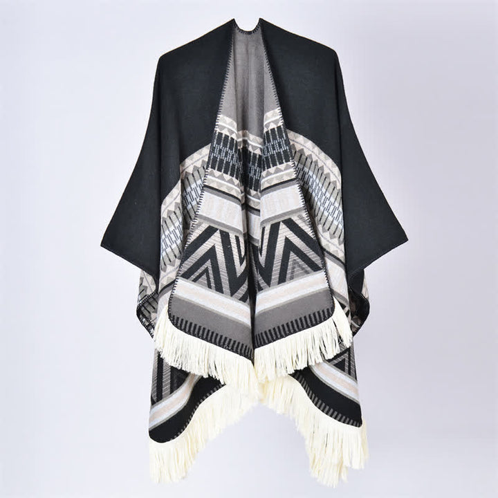 Buddha Stones Fall Winter Boho Geometric Floral Pattern Tassel Shawl - Geometric Black Grey - 155*136cm - image 3