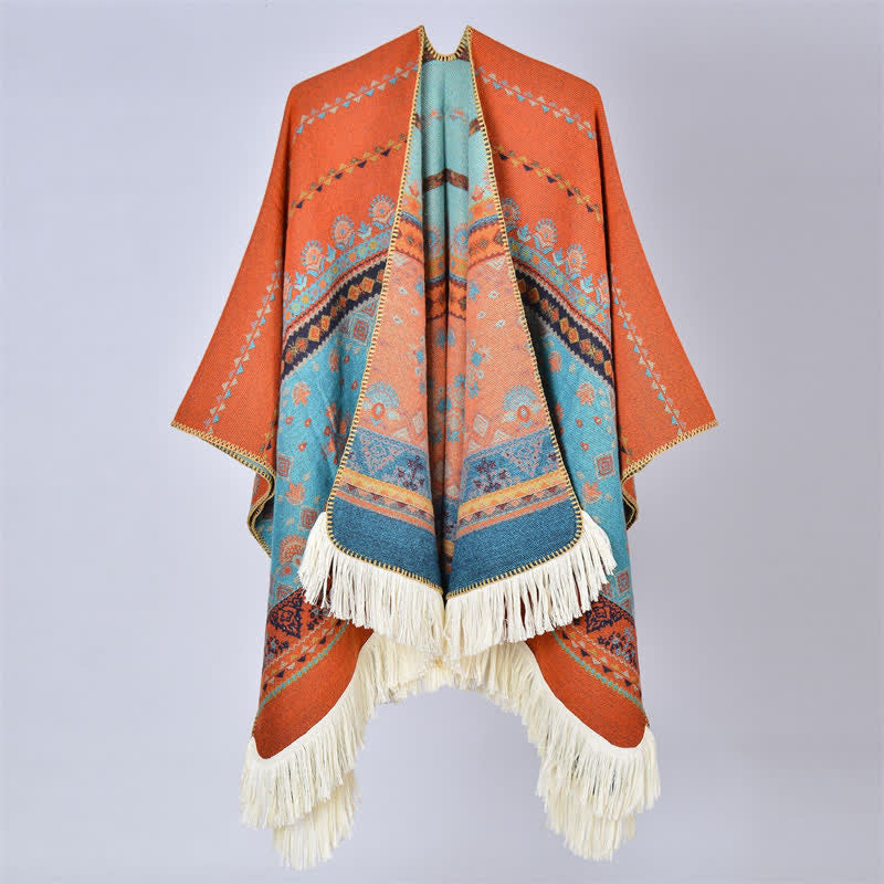 Buddha Stones Fall Winter Boho Geometric Floral Pattern Tassel Shawl - Flower Orange - 155*136cm - image 26