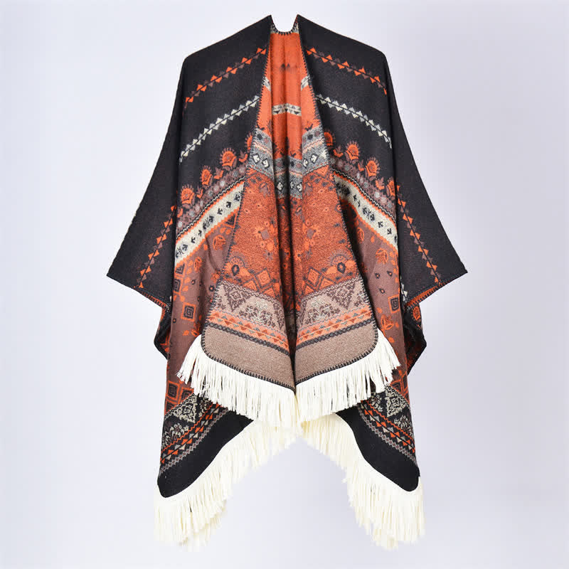 Buddha Stones Fall Winter Boho Geometric Floral Pattern Tassel Shawl - Flower Black Orange - 155*136cm - image 30