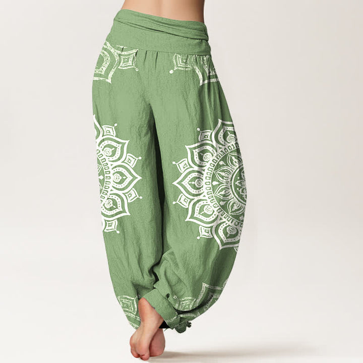 Buddha Stones Pure Cotton White Mandala Floral Pattern Women's Elastic Waist Harem Pants - image 1