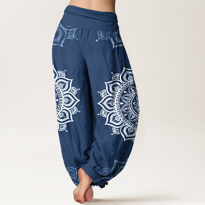 Buddha Stones Pure Cotton White Mandala Floral Pattern Women's Elastic Waist Harem Pants - image 9
