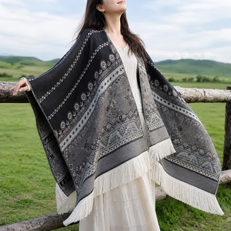 Buddha Stones Fall Winter Boho Geometric Floral Pattern Tassel Shawl - image 22