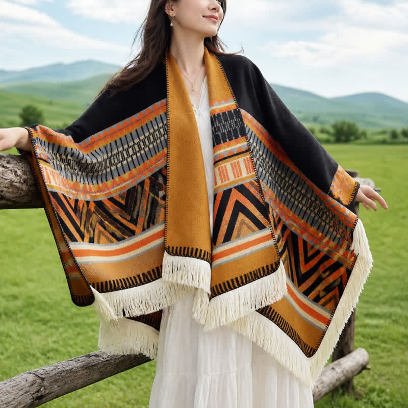 Buddha Stones Fall Winter Boho Geometric Floral Pattern Tassel Shawl - image 14