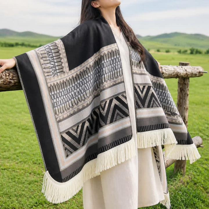 Buddha Stones Fall Winter Boho Geometric Floral Pattern Tassel Shawl - image 4