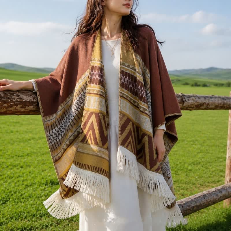 Buddha Stones Fall Winter Boho Geometric Floral Pattern Tassel Shawl - image 10