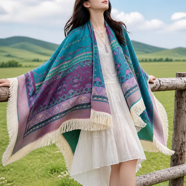 Buddha Stones Fall Winter Boho Geometric Floral Pattern Tassel Shawl - image 33